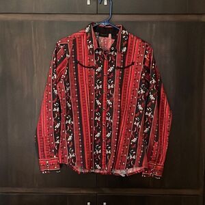Wrangler Ladies Red & Black Printed Pearl Snap Top Medium